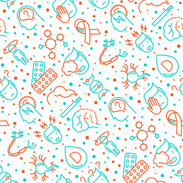 Multiple Sclerosis Seamless Pattern With Thin Line Icons Of Symptoms And Treatments: Disorientation, Heredity, Neuron Myelin Sheaths, Vitamin D. Vector Illustration For Banner, Web Page.