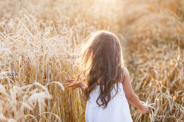 Beauty little girl outdoors enjoying nature wheat field. Beautiful girl in white dress running on the autumn field at sunset light.