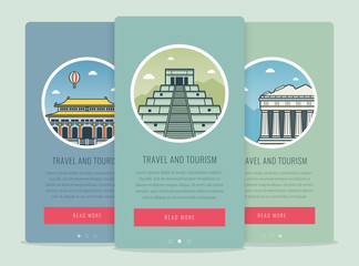 Travel composition with famous world landmarks Beijing, Chichen Itza, Athens. Travel and Tourism. Concept website template. Vector