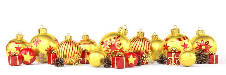 Many golden and red christmas baubles and christmas decorations over white background - panorama - merry christmas concept