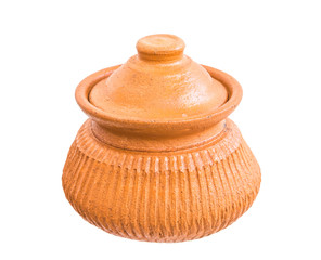 Earthenware pot with cover on,handmade from clay,closeup shot on white isolated.