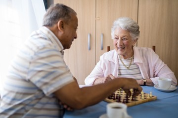 Smiling male and female seniors playing chess at table