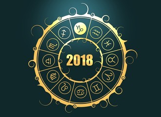Astrological symbols in the circle. Capricorn sign. New Year and Christmas celebration card template. Zodiac circle with 2018 new year number. 3D rendering