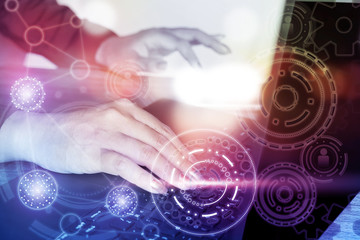 business woman hand typing on computer laptop with abstract connection,
technology global and digital background        