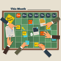 Calendar schedule board with collaboration plan.Scrum methodology task board full of tasks on sticky note cards.Company business team working together planning and scheduling their operationson.  © nutcrackerd