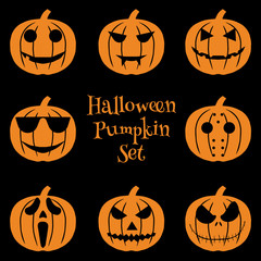 Set of halloween objects, pumpkins and lettering. Greeting card for party and sale. Vector illustration EPS10.