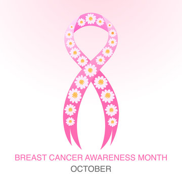 Pink ribbon breast cancer awareness symbol with  daisy flower, vector background