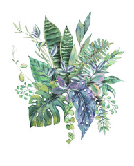 Watercolor bouquet of green exotic leaves
