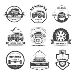 Off-road extreme car or auto driver club vector icons template set