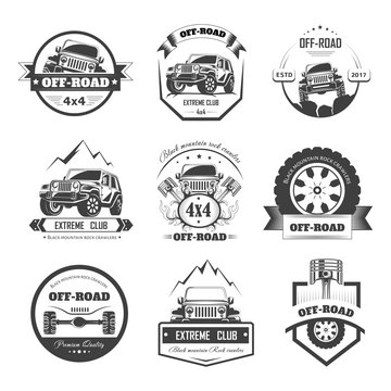 Off-road extreme car or auto driver club vector icons template set