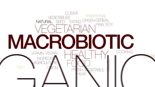 Macrobiotic animated word cloud, text design animation. Kinetic typography.