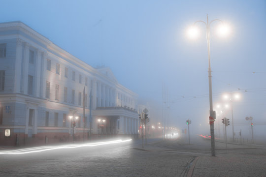 Helsinki city hall is cover in thick fog Finland 
