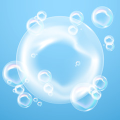 Transparent soap bubbles on blue background, vector