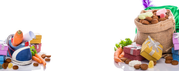 Banner with traditional composition for the Dutch holiday 'Sinterklaas' over white. Festive concept with copy space. Banner.