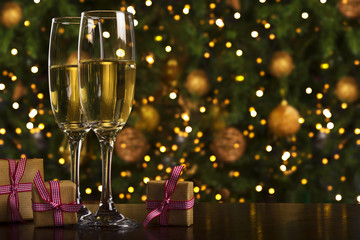 Champagne, gifts, new year, christmas tree background
