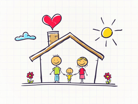 Happy family in the house scribble styled vector illustration