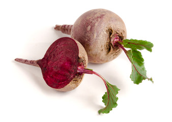 beetroot and half with leaf isolated on white background