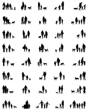 Black silhouettes of family with dog on a white background
