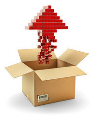 Upload icon, up arrow consisting of red cubes over an open empty cardboard box, isolated on white