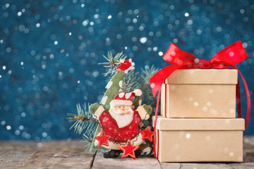 Beautiful holiday decorated background with christmas gift boxes ,fir. christmas holiday concept