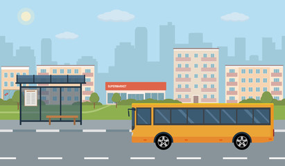 Bus stop and bus on city background. Vector illustration. Flat style concept of public transport.
