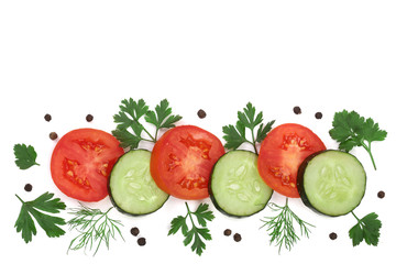 tomato and cucumber slice with parsley dill and peppercorns isolated on white background with copy space for your text