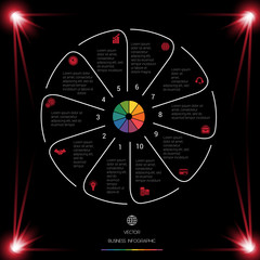 Circle Lines Infographic 10 Positions dark background with red light