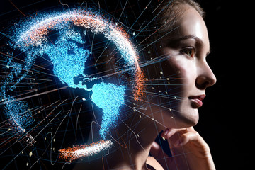 AI(Artificial Intelligence) concept. Holographic earth and digital pattern.