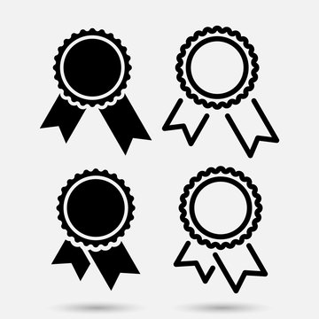 Set of badges with ribbons vector icons. Flat simple illustration with shadow isolated on gray background.