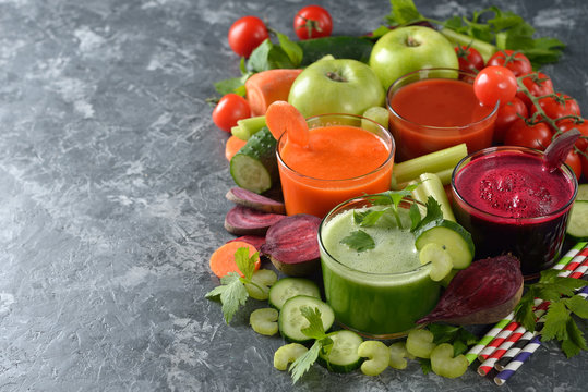 Various fresh vegetables juices