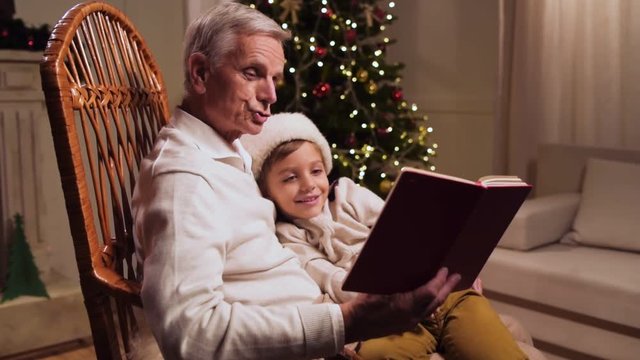 Pleasant aged man reading a book with his little grandson