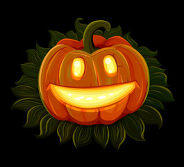Halloween pumpkin is smiling. Isolated on black background. Vector illustration.