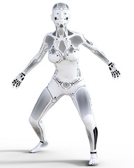 Robot woman. White metal droid. Artificial Intelligence. Conceptual fashion art. Realistic 3D render illustration. Studio, isolate, high key.