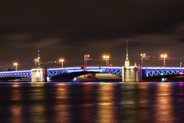 Closed Palace Bridge in Saint Petersburg at night