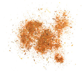 Mixed spices isolated on white background. Garlic fennel paprika carrots pepper basil celery, parsley, marjoram, onion