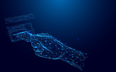 Hand pulling in debit card at ATM from lines and triangles, point connecting network on blue background. Illustration vector