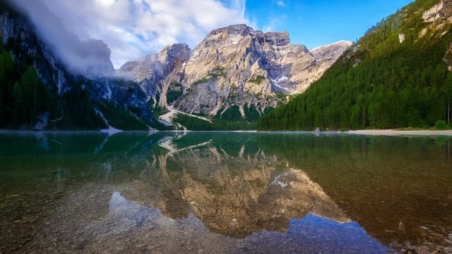 4K Time lapse of Braies Lake at sunrise, Dolomites mountains, Sudtirol, Italy