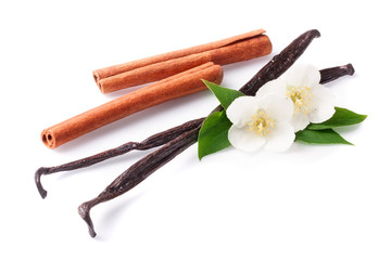 Vanilla sticks and cinnamon with flower isolated on white background