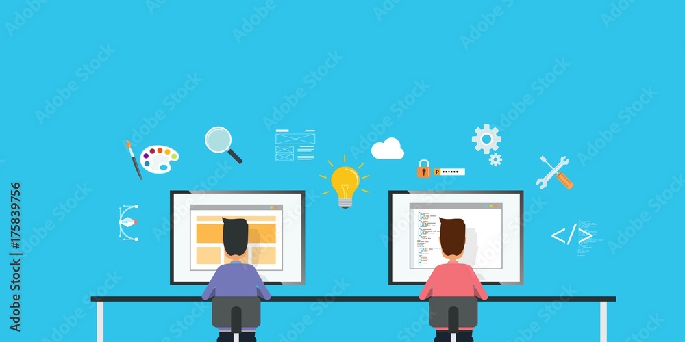 Poster web designer and web developer working together on workplace and business team work concept
