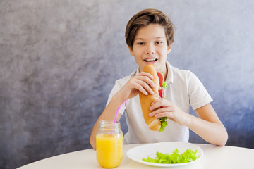 Cute teen boy having healthy breakfast at home