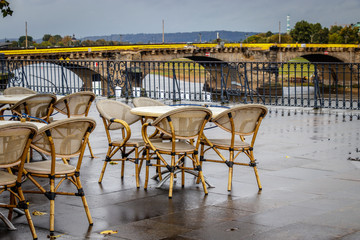 Empty terrace on the Bruehlsche Terrasse in Dresden, normally full of people and with a beautiful view on the Elbe but not on this rainy October day