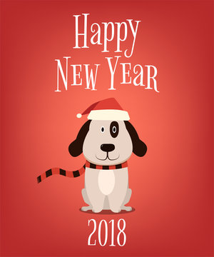 2018. Happy New Year. Cartoon dog on red background. Vector illustration