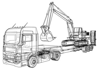 Low bed Truck Trailer and excavator. Wire-frame. EPS10 format. Vector rendering of 3d.