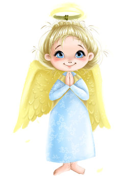 Cute Angel girl with wings praying illustration