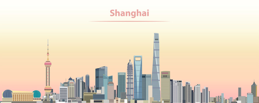 Shanghai city skyline at sunrise vector illustration