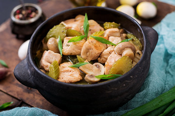 Delicate chicken fillet pieces with mushrooms and celery stewed in light beer