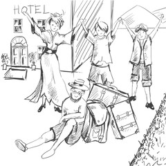 Comic strip. Tired travelers came to civilization. A guide is exhausted, a man is sitting on the ground.