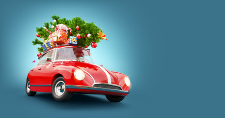 Red Santa's car with gift boxes and christmas tree on the top - 175843393