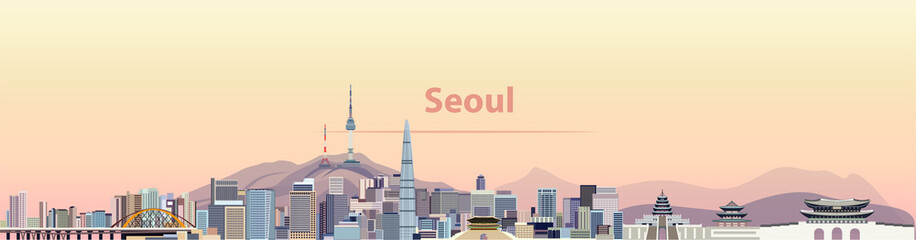 Seoul city skyline at sunrise vector illustration - obrazy, fototapety, plakaty