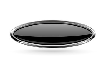 Oval black button with bold chrome frame. 3d shiny icon